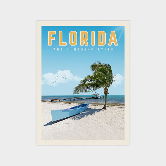 A vintage-style poster depicting a beach scene with a palm tree, a blue boat, and a pier in the background, along with the text "FLORIDA THE SUNSHINE STATE".