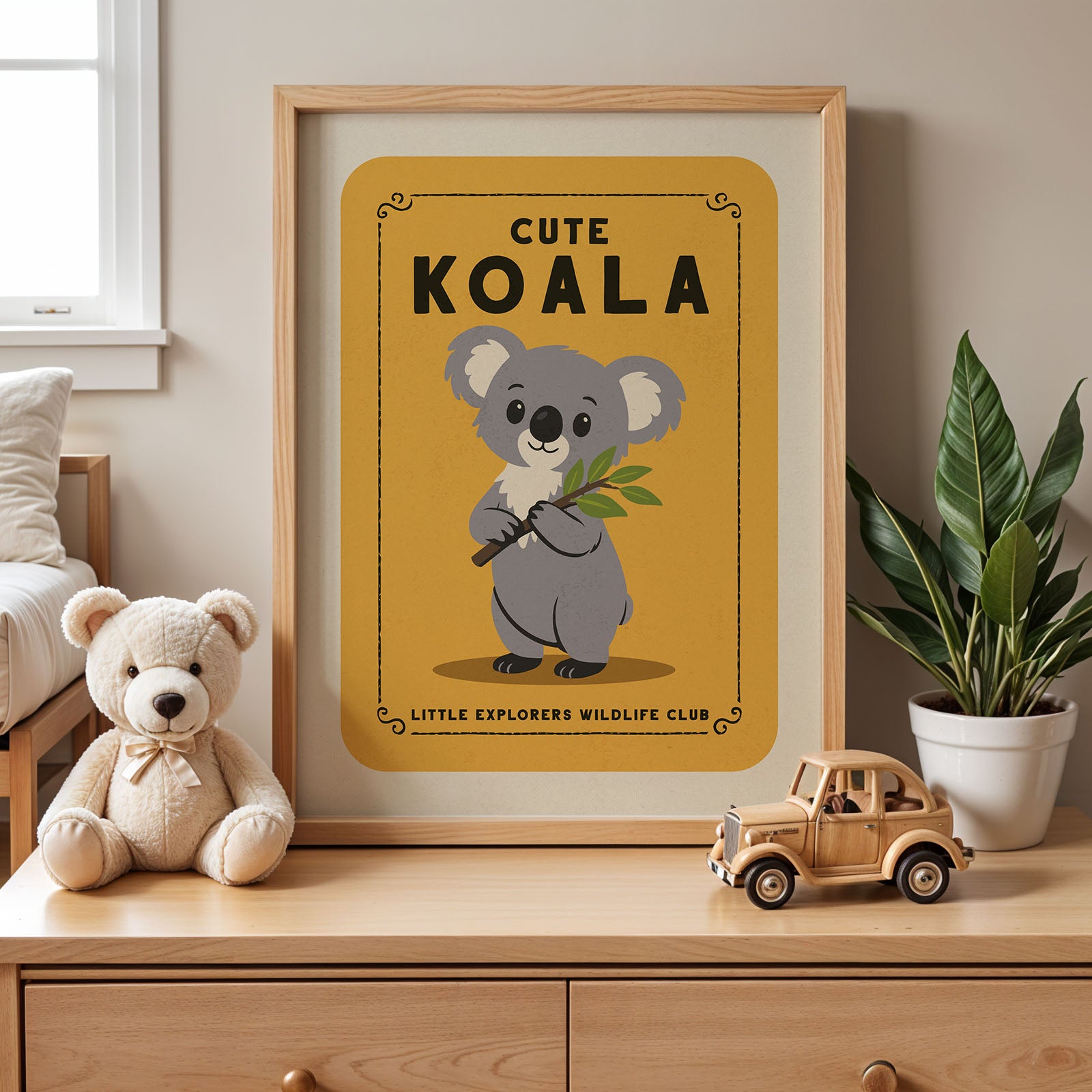 a framed poster of a koala bear, a stuffed teddy bear, and a toy truck on a wooden dresser.