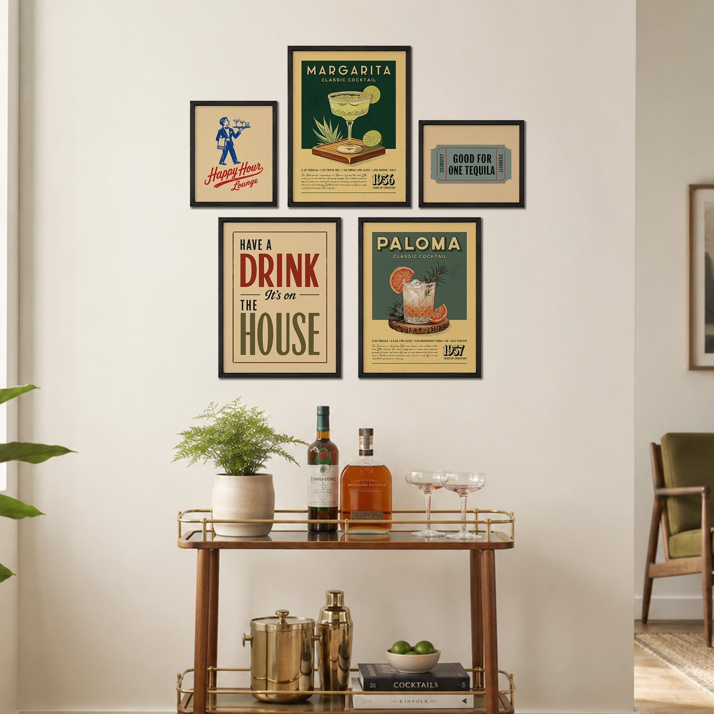 a wall display with framed vintage-style posters and a wooden bar cart with various cocktail ingredients and glassware.