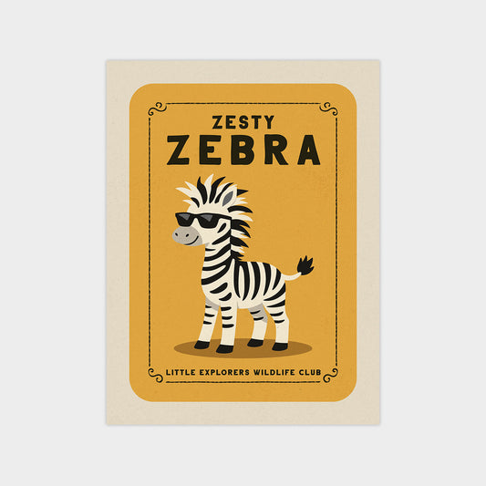 a cartoon zebra wearing sunglasses and standing on a yellow background.