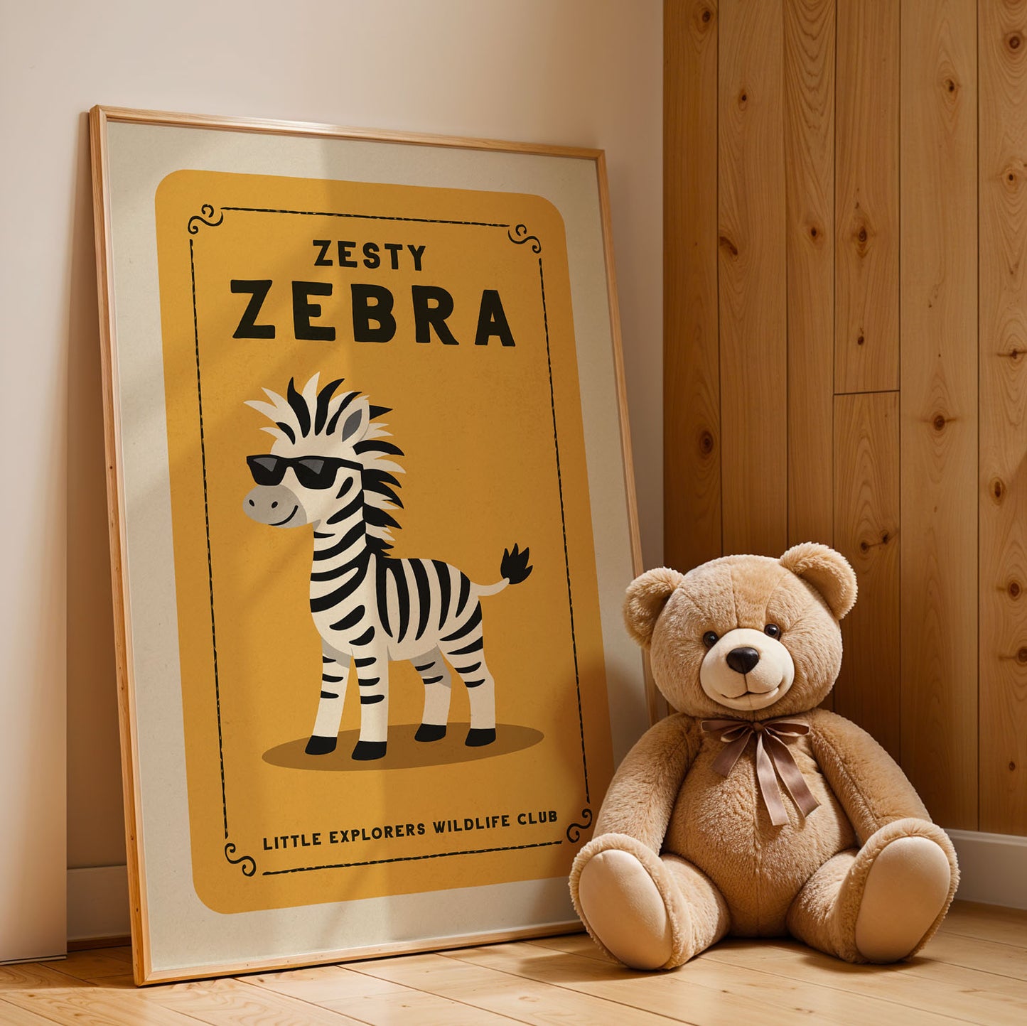 A framed poster of a zebra wearing sunglasses is leaning against a wooden wall, with a teddy bear sitting next to it on the floor.