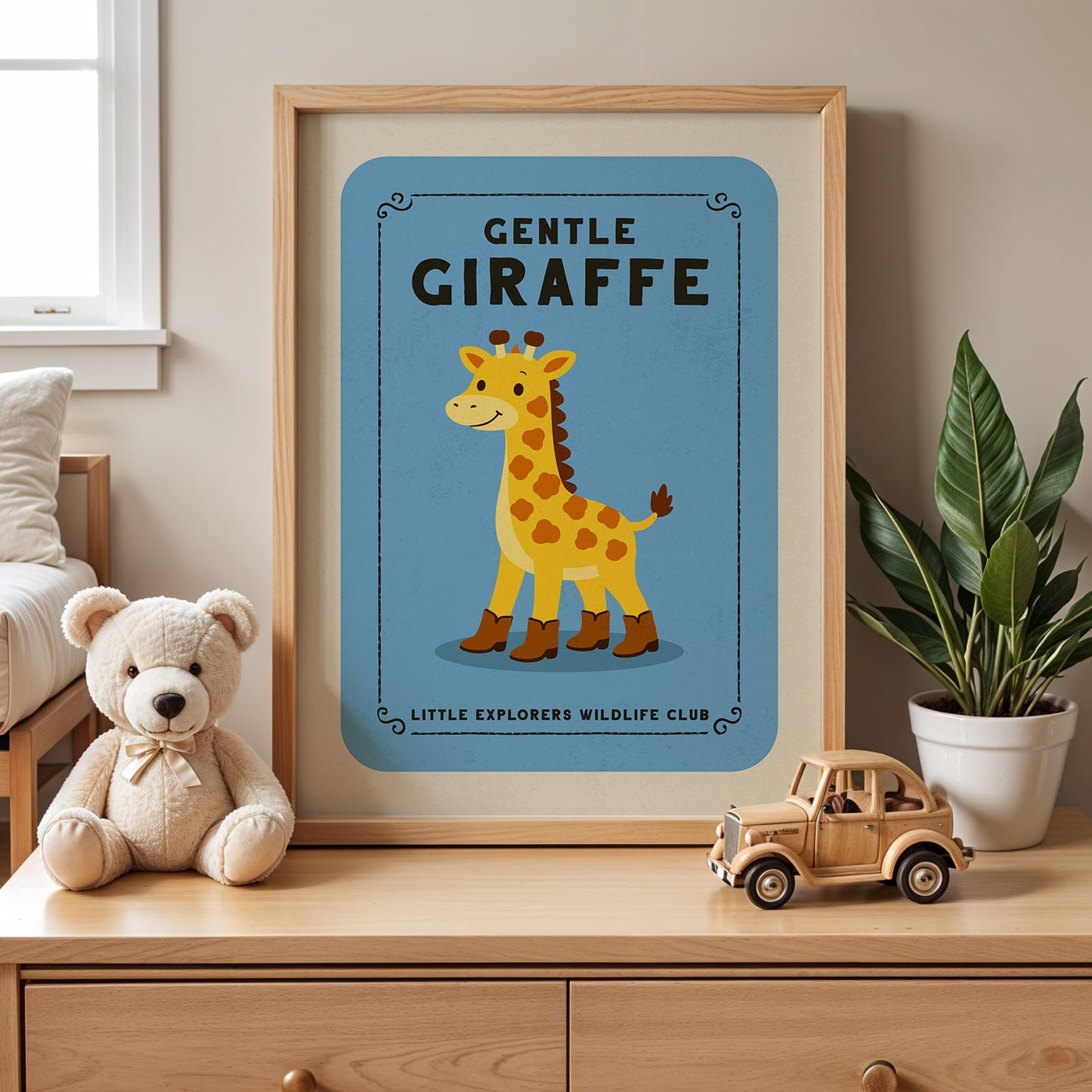 A framed poster of a giraffe is displayed on a wooden dresser, accompanied by a teddy bear and a toy truck.