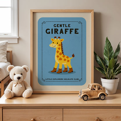 A framed poster of a giraffe is displayed on a wooden dresser, accompanied by a teddy bear and a toy truck.
