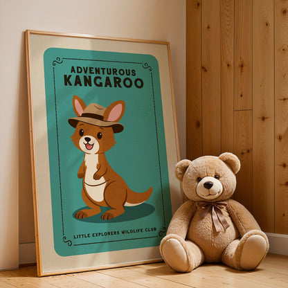 a framed poster of a kangaroo wearing a hat, placed next to a stuffed teddy bear on a wooden floor.