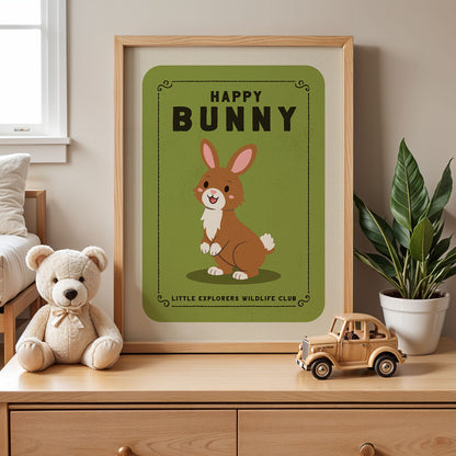 a framed poster of a cartoon rabbit, a teddy bear, and a toy truck on a wooden dresser.