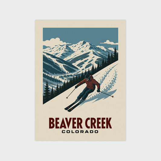 A vintage-style poster depicting a skier descending a snowy mountain slope, with the text "BEAVER CREEK COLORADO" prominently displayed.