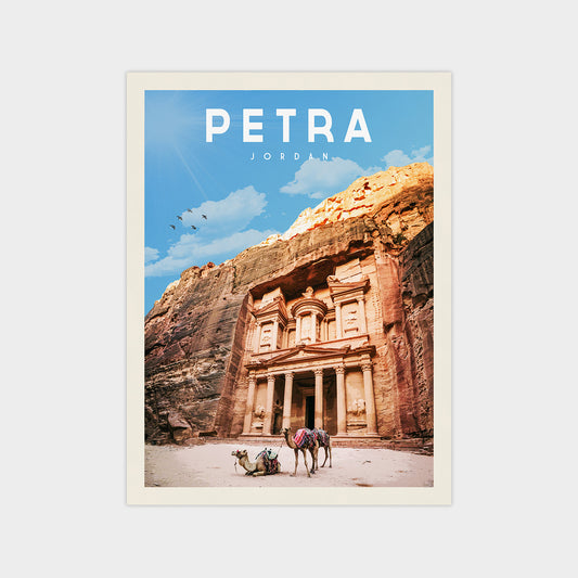 A poster featuring the ancient ruins of Petra, a famous landmark in Jordan. The poster showcases the iconic rock carvings and architecture of the ancient city, with a camel standing in front of the structure.