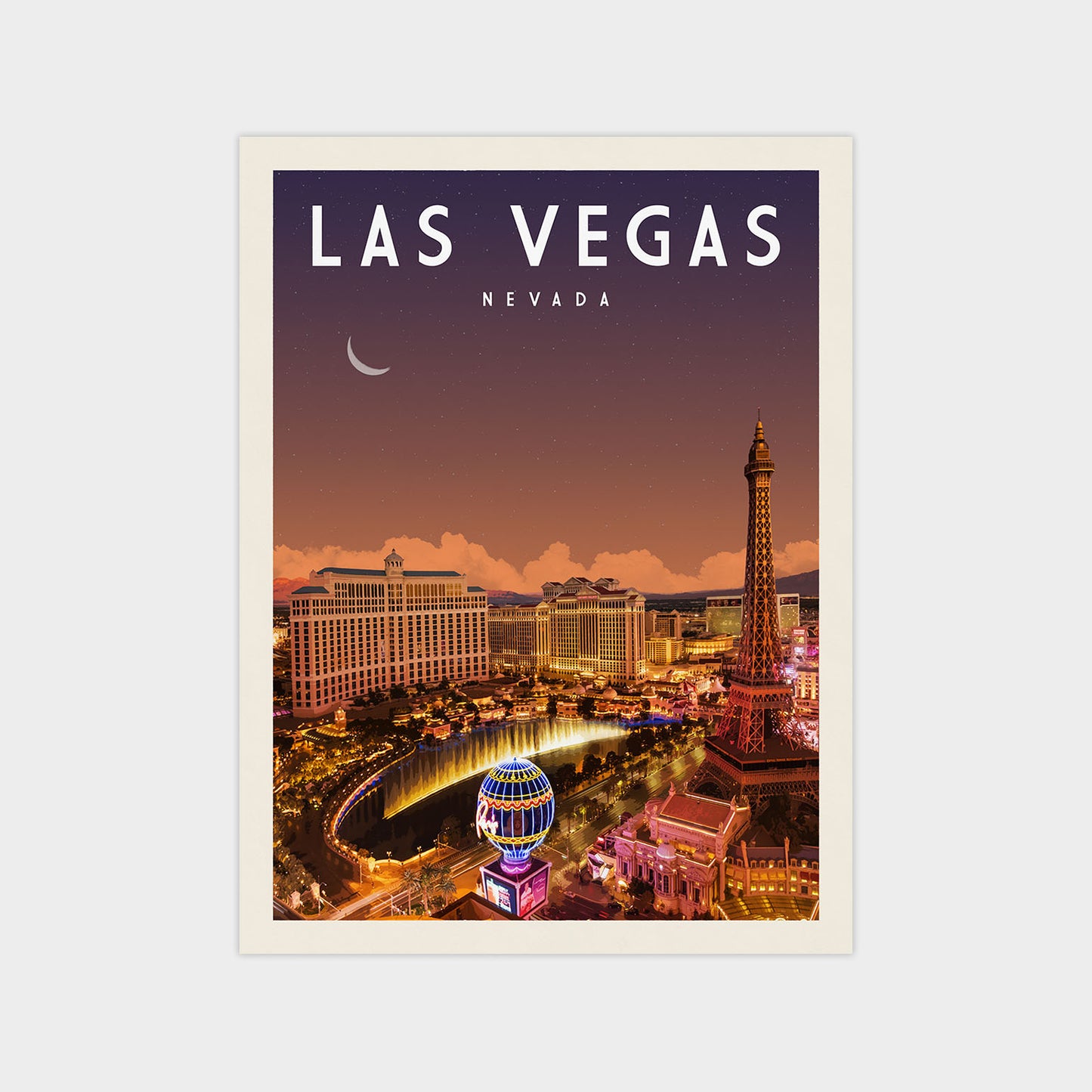 A poster of Las Vegas, Nevada, featuring the iconic hotels, neon lights, and a crescent moon in the night sky.