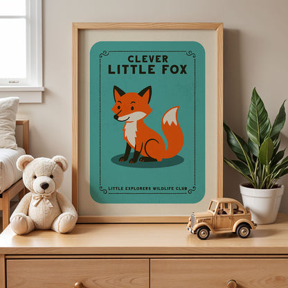 a framed poster of a cartoon fox, a teddy bear, and a toy truck on a wooden dresser.