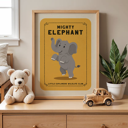 a framed poster of a cartoon elephant, a teddy bear, and a toy truck on a wooden dresser.