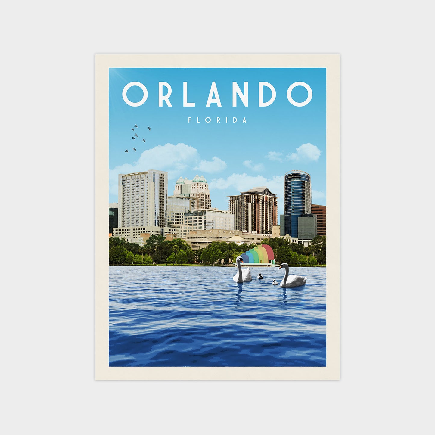 A poster of the Orlando, Florida skyline with swans in the foreground, featuring a clear blue sky and water.