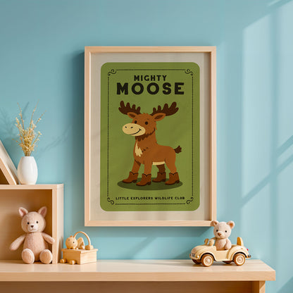 a framed poster of a moose on a wall, with a wooden shelf below it holding various toys and a vase.
