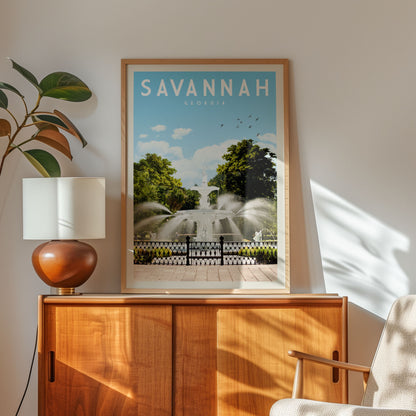 a framed poster of a scenic view of Savannah, Georgia, with a fountain and trees in the background. The poster is displayed on a wooden cabinet, and there is a lamp and a plant nearby.