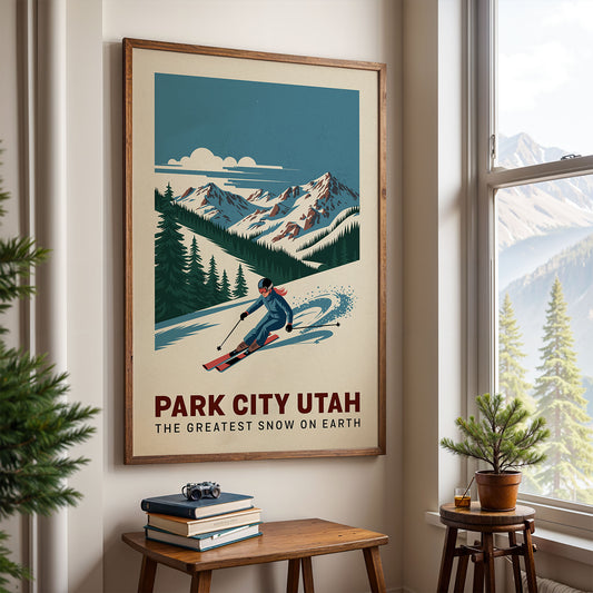 A framed poster of a skier in a snowy mountain landscape hangs on a wall, with a potted plant and books on a small table nearby.