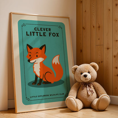 A framed poster of a fox and a teddy bear are displayed on a wooden wall.