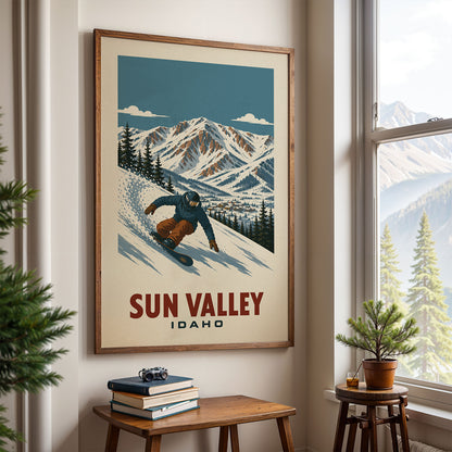 a framed poster of a snowboarder in a snowy mountain landscape, with the text "SUN VALLEY IDAHO" below the image.