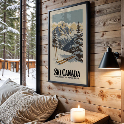 A framed poster of a snowy mountain landscape hangs on a wooden wall, with a cozy couch and a lit candle in the foreground.