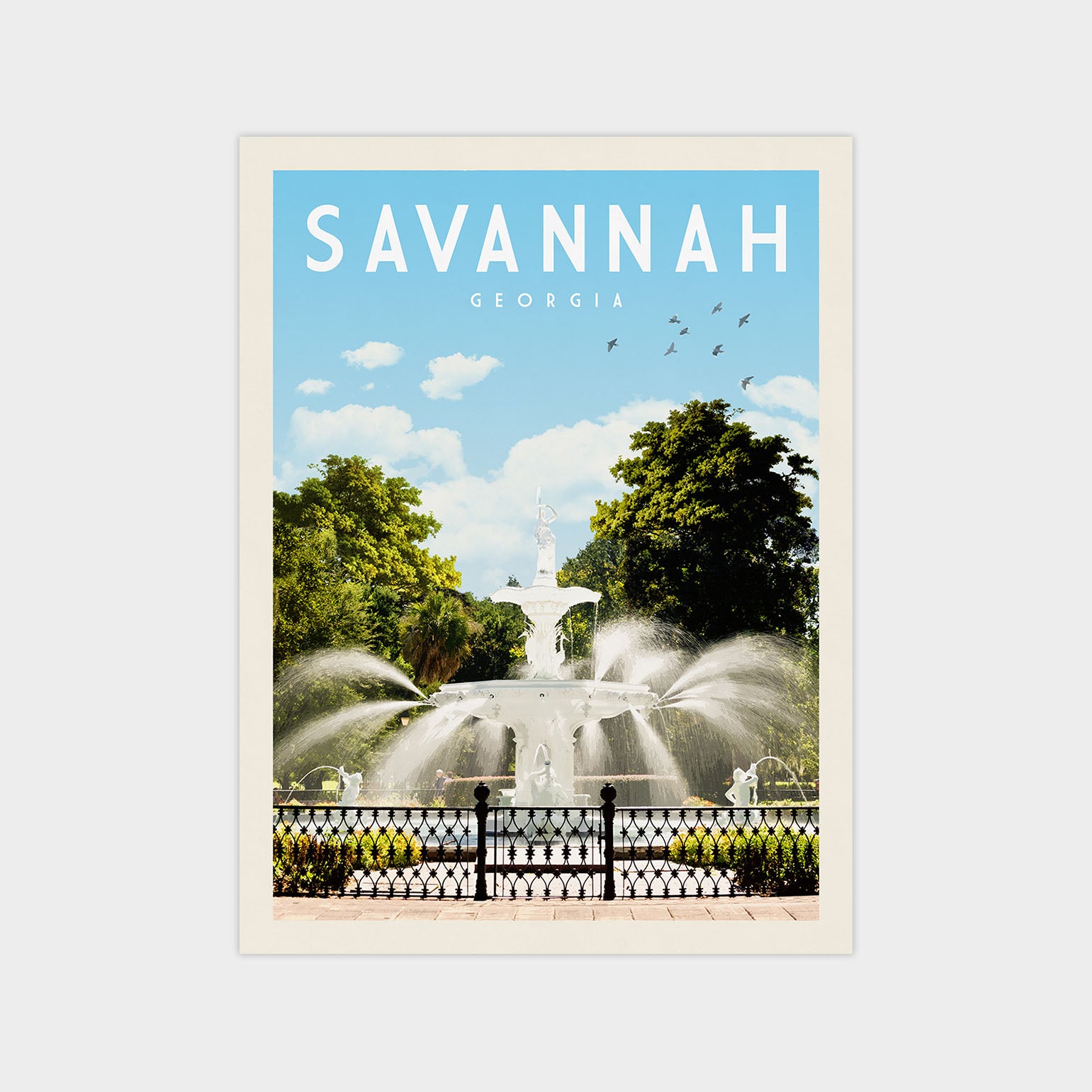 A poster of Savannah, Georgia featuring a fountain surrounded by lush greenery and a clear blue sky.