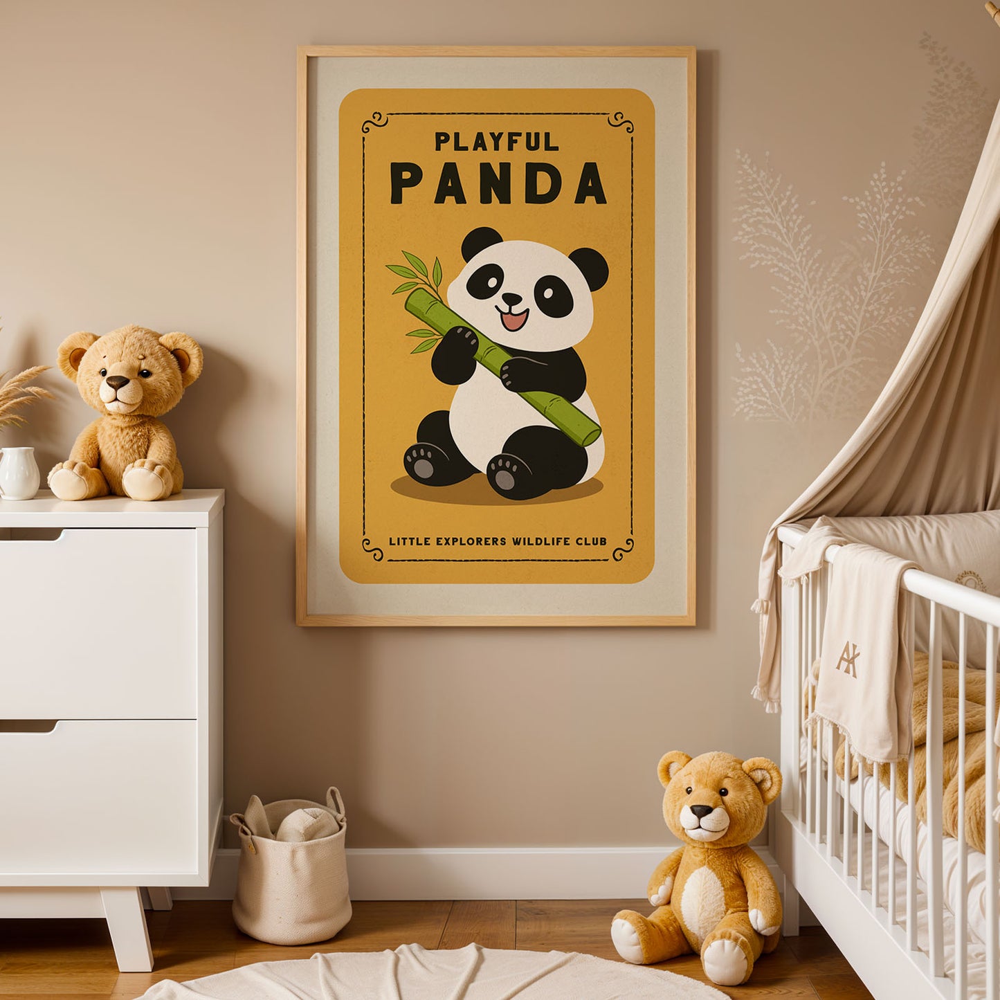 a nursery decorated with a framed poster of a panda, a white dresser, a baby crib, and several teddy bears.
