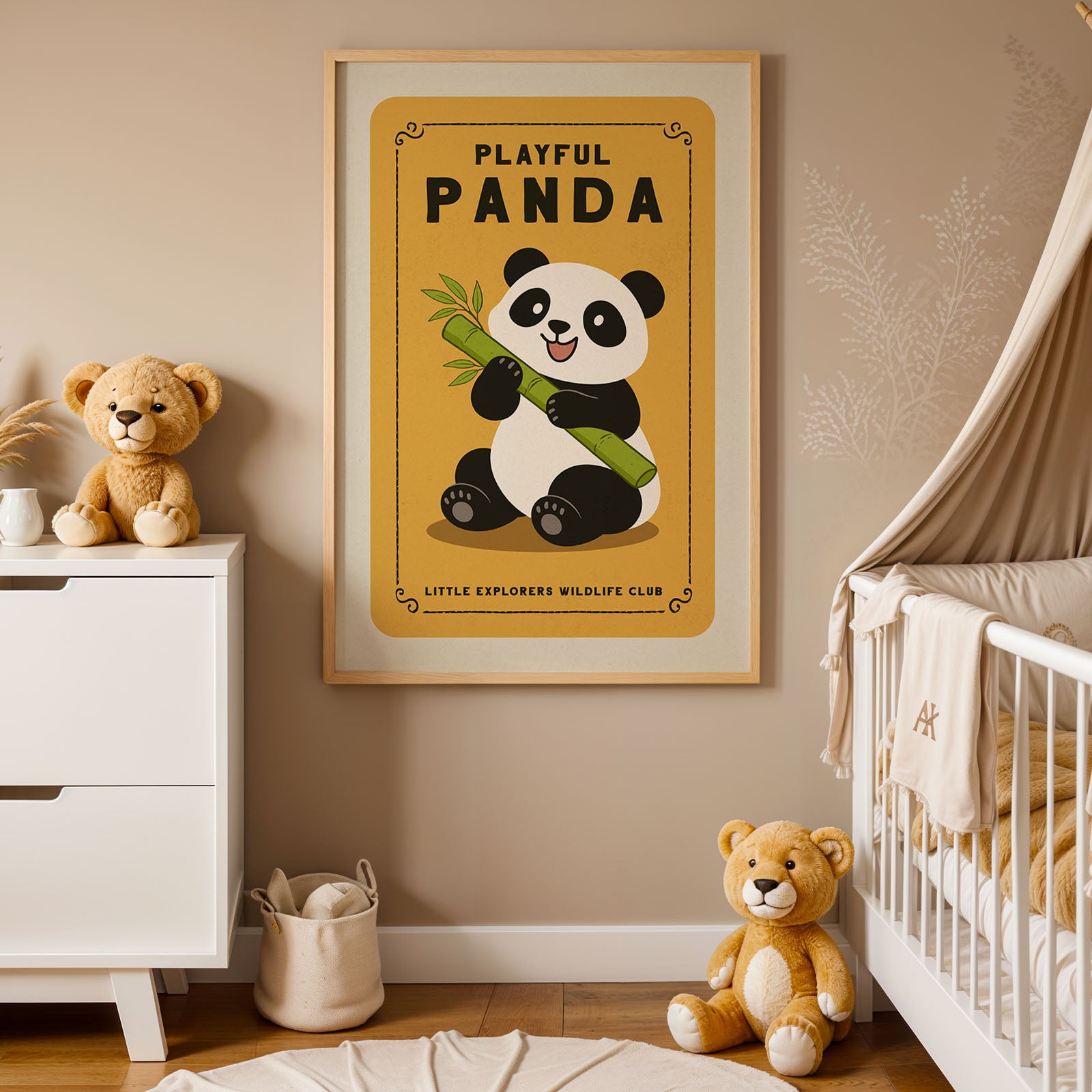 a nursery decorated with a framed poster of a panda, a white dresser, a baby crib, and several teddy bears.