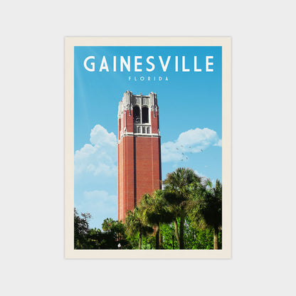 A tall red brick tower with a pointed roof, surrounded by palm trees and a blue sky with clouds.