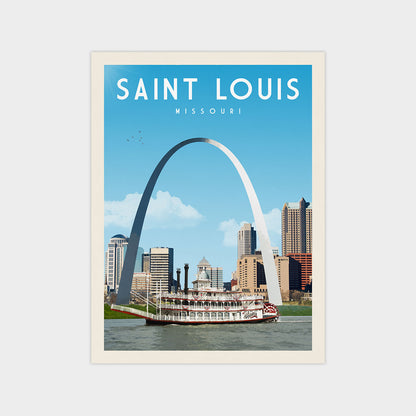A poster depicting the iconic Gateway Arch in St. Louis, Missouri, with a riverboat in the foreground and the city skyline in the background.