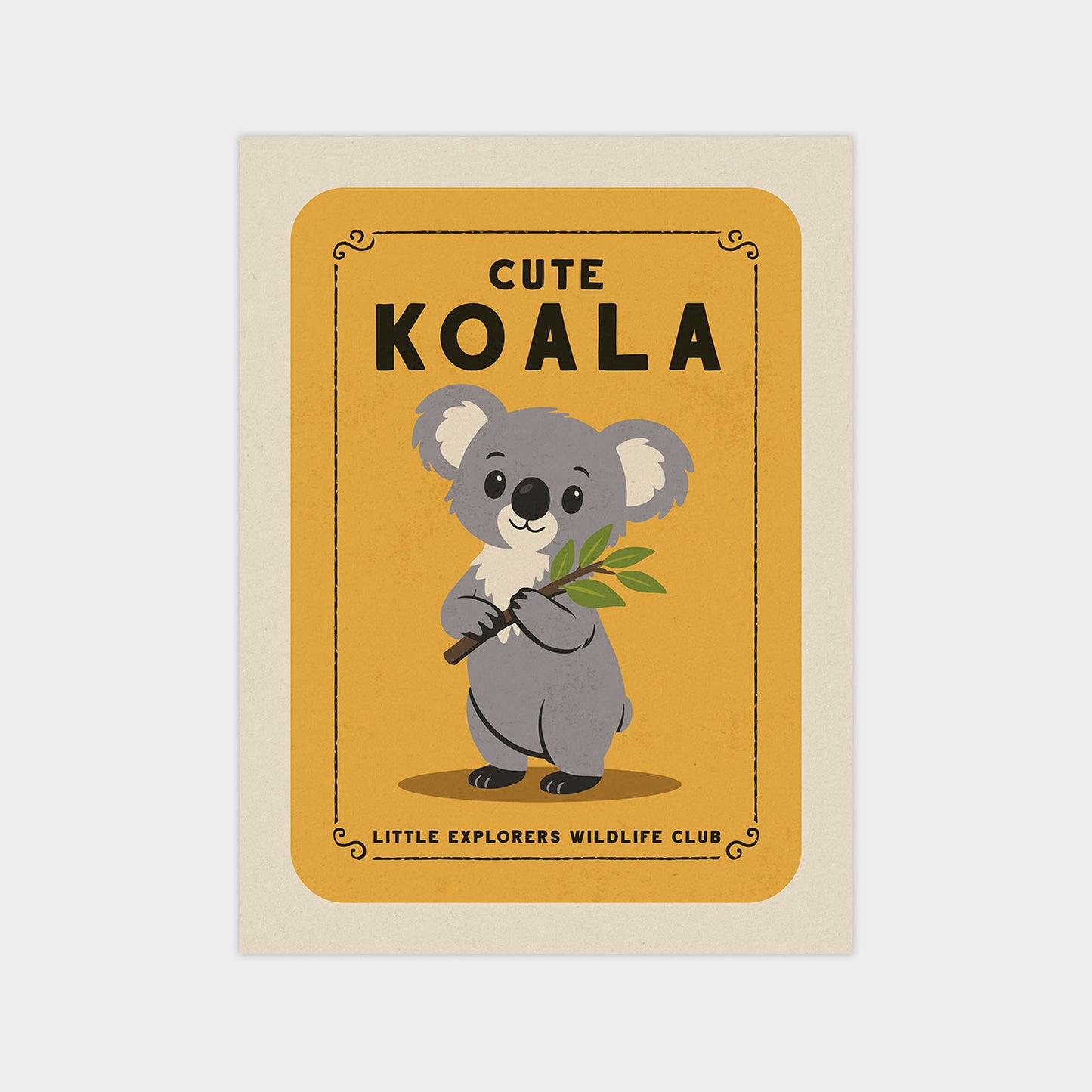a cute koala holding a leaf, with the text "CUTE KOOAL" and "LITTLE EXPLORERS WILDLIFE CLUB" displayed around the koala.