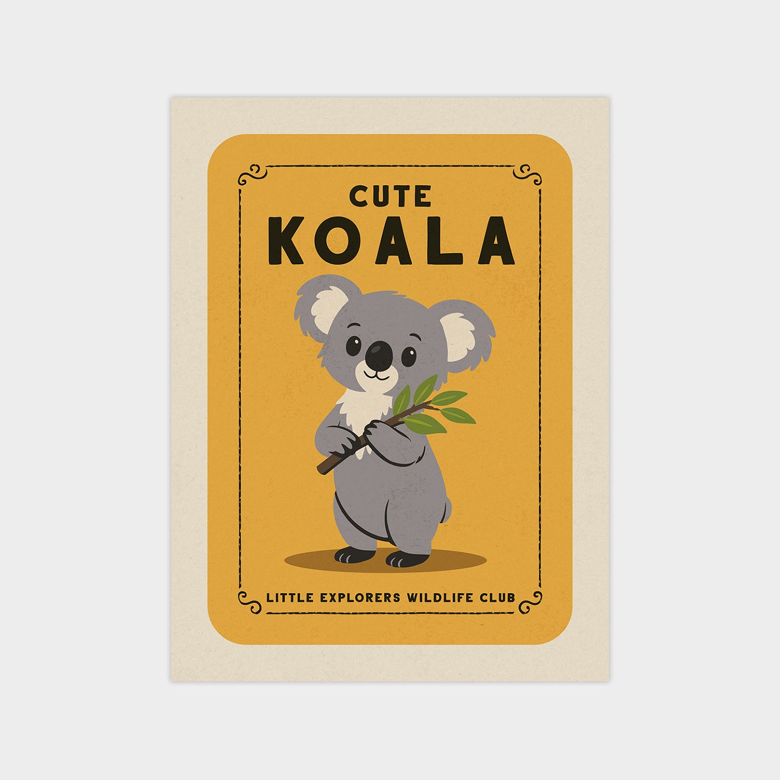 a cute koala holding a leaf, with the text "CUTE KOOAL" and "LITTLE EXPLORERS WILDLIFE CLUB" displayed around the koala.