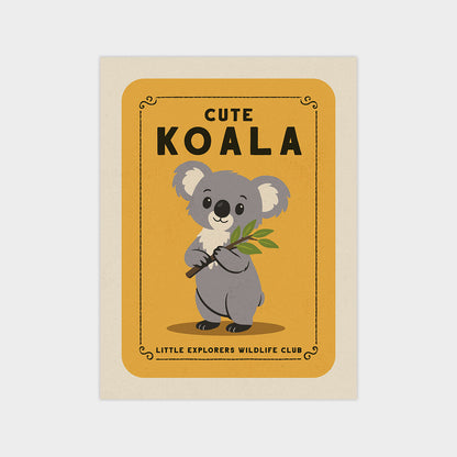 a cute koala holding a leaf, with the text "CUTE KOOAL" and "LITTLE EXPLORERS WILDLIFE CLUB" displayed around the koala.