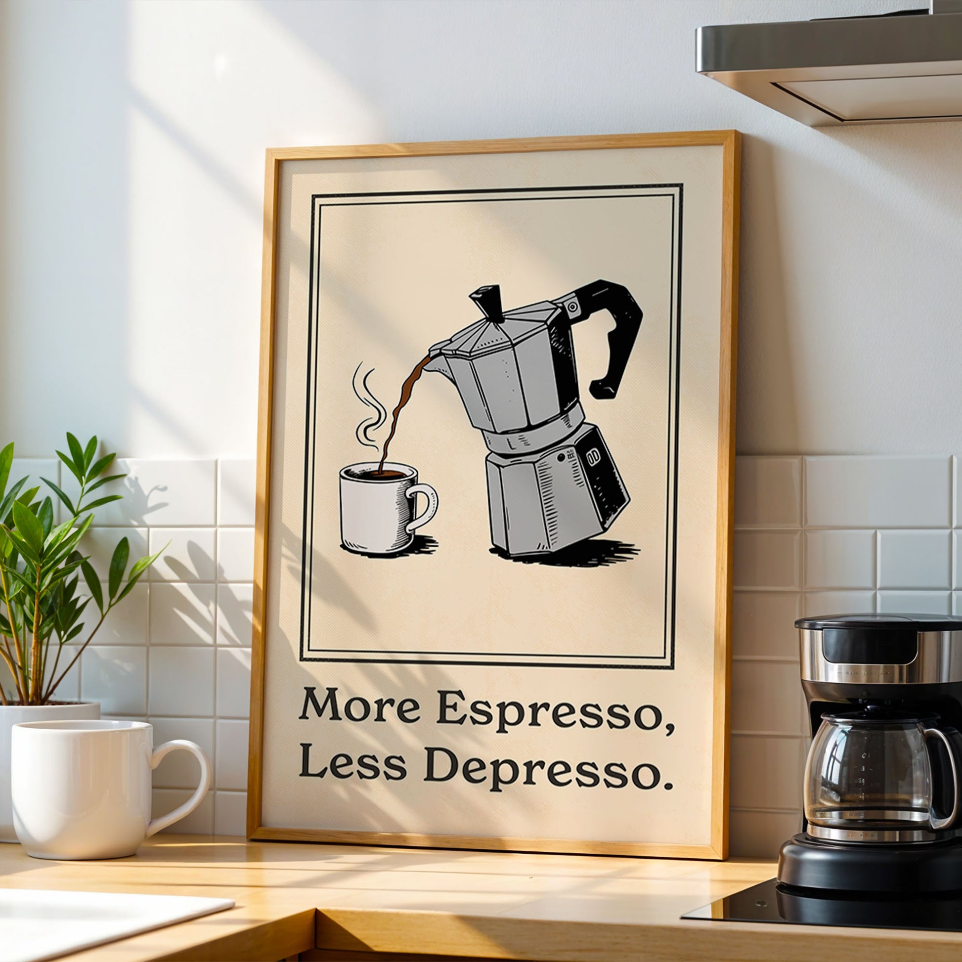 a framed poster with an illustration of a coffee maker pouring coffee into a cup, accompanied by the text "More Espresso, Less Depressso."