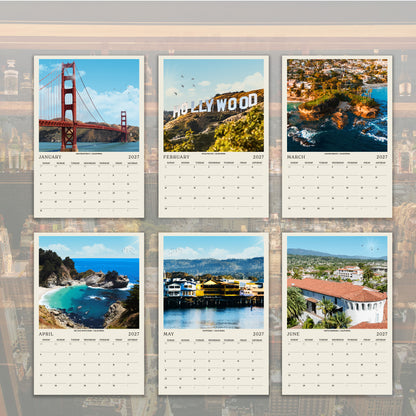 The image is a calendar featuring six different pictures of various locations in California, including the Golden Gate Bridge, Hollywood, San Francisco, San Diego, Venice, and Venice Beach.