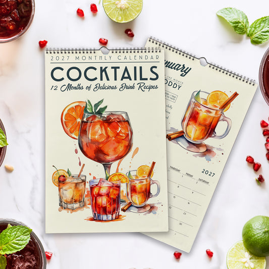 a calendar with a focus on cocktails and their recipes, surrounded by various drinks and fruits.