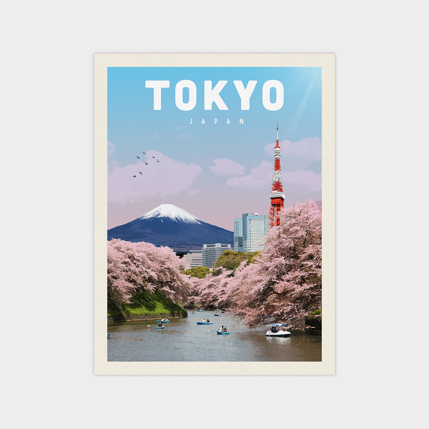 A poster depicting a scenic view of Tokyo, Japan, with the iconic Mount Fuji in the background, cherry blossoms in full bloom, and the Tokyo Tower in the distance.