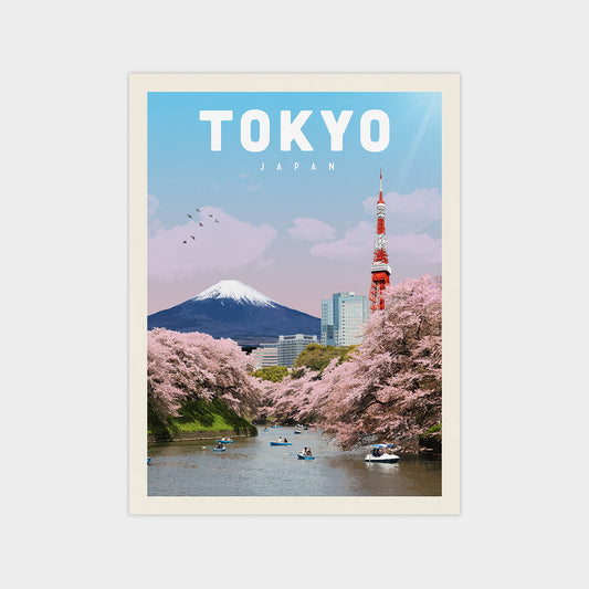 A poster depicting a scenic view of Tokyo, Japan, with the iconic Mount Fuji in the background, cherry blossoms in full bloom, and the Tokyo Tower in the distance.