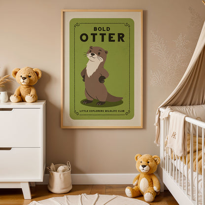 a nursery decorated with a framed poster of an otter, a teddy bear, and a crib with a baby.