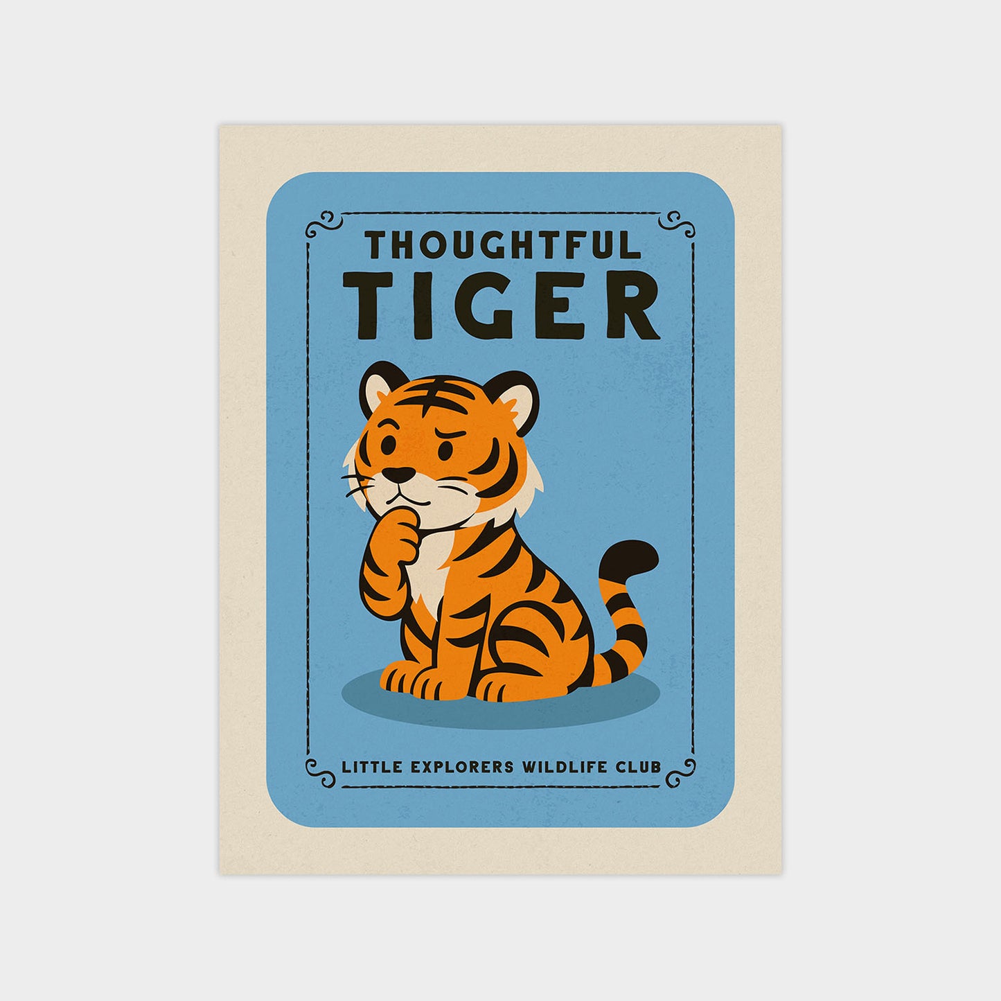 a cartoon tiger sitting on a blue background with the text "THOUGHTFUL TIGER" above it.