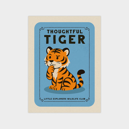 a cartoon tiger sitting on a blue background with the text "THOUGHTFUL TIGER" above it.