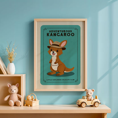 a framed poster of a kangaroo wearing a hat, with the text "Adventurous Kangaroo" and "Little Explorers Wildlife Club" below it. The poster is displayed on a blue wall above a wooden shelf with various toys, including a teddy bear and a toy car.
