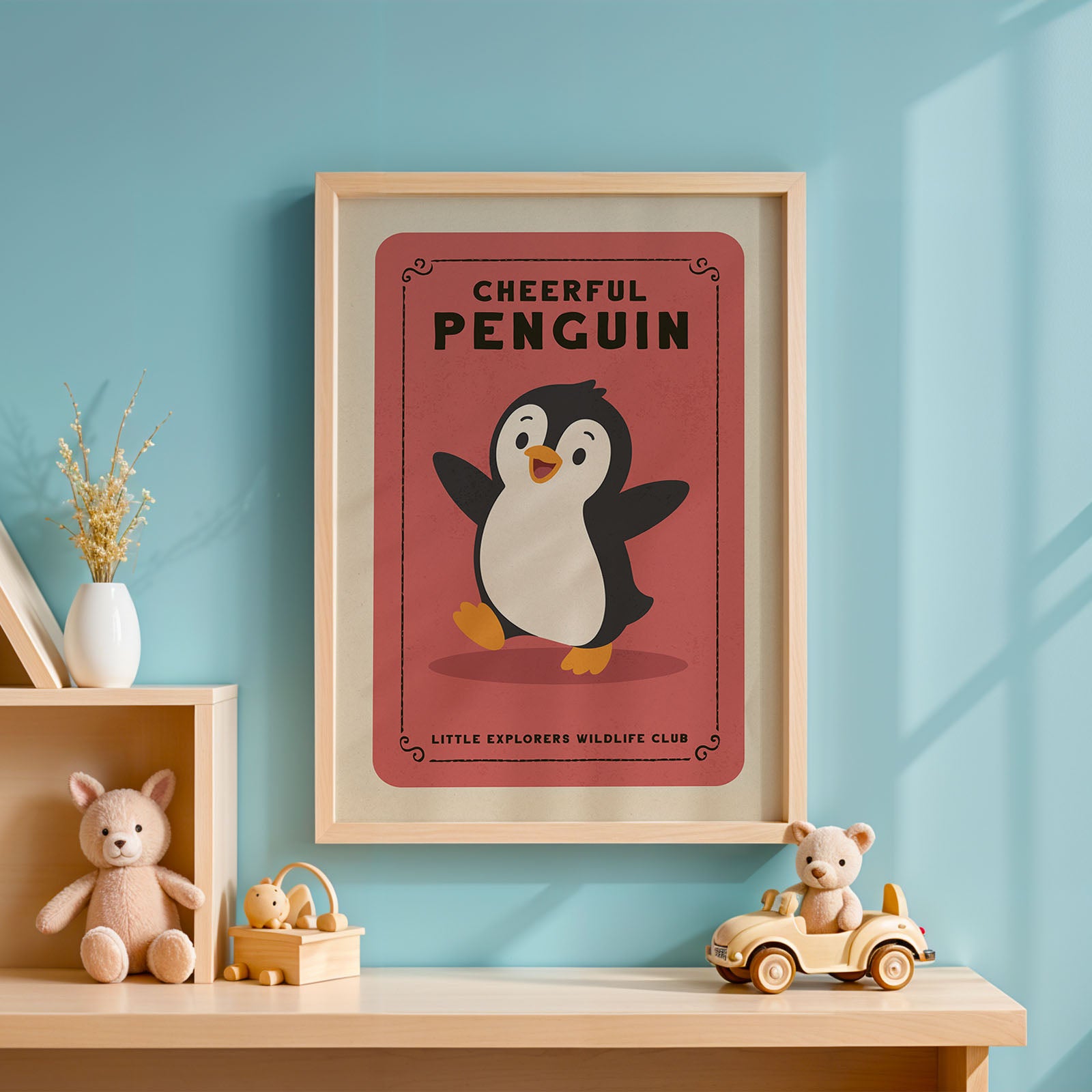 a framed poster of a cheerful penguin on a wall, with a toy car and stuffed animals placed below it.