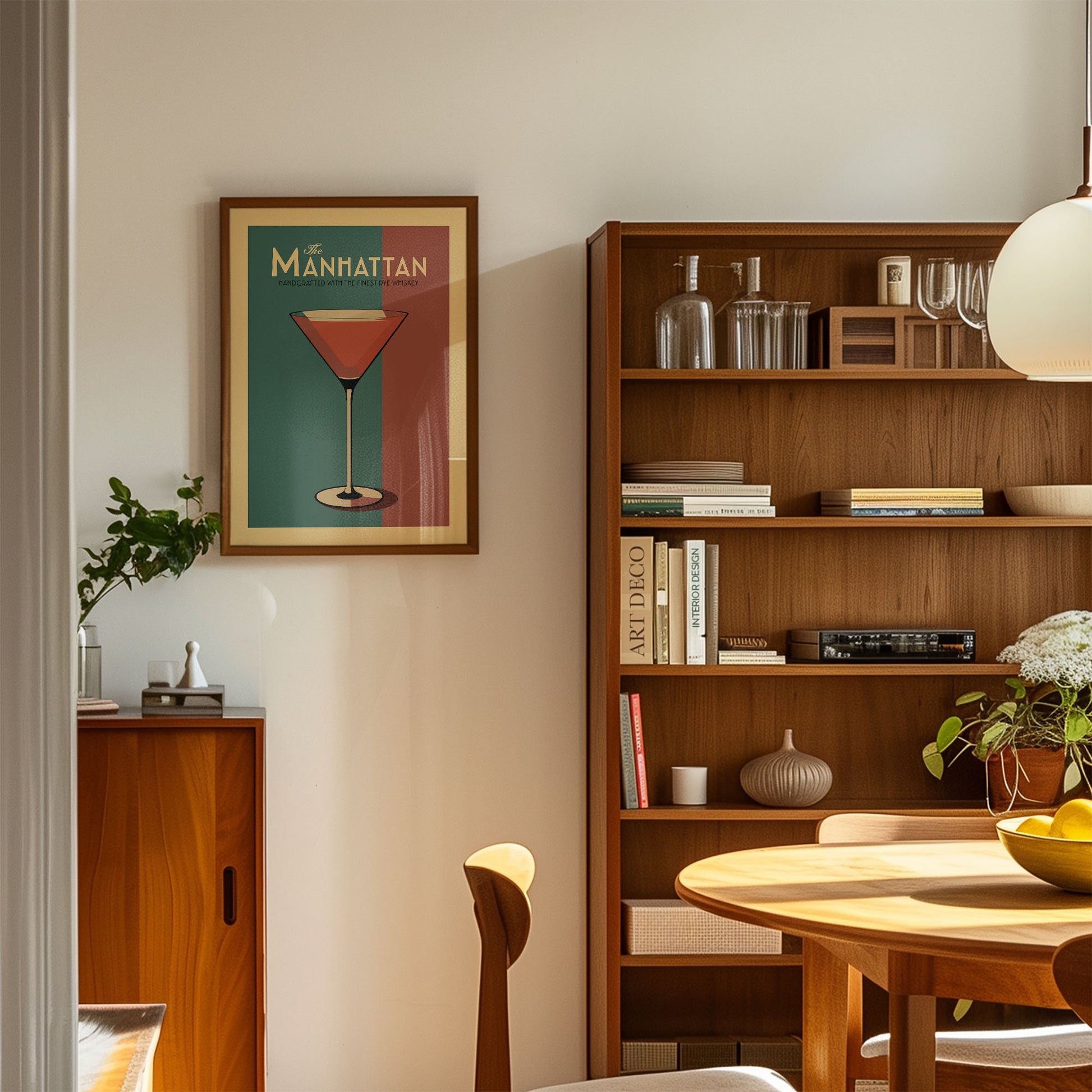 a cozy living room with a wooden bookshelf, a framed poster of a cocktail glass, and a wooden cabinet. The room has a warm and inviting atmosphere, with natural light streaming in from the window.