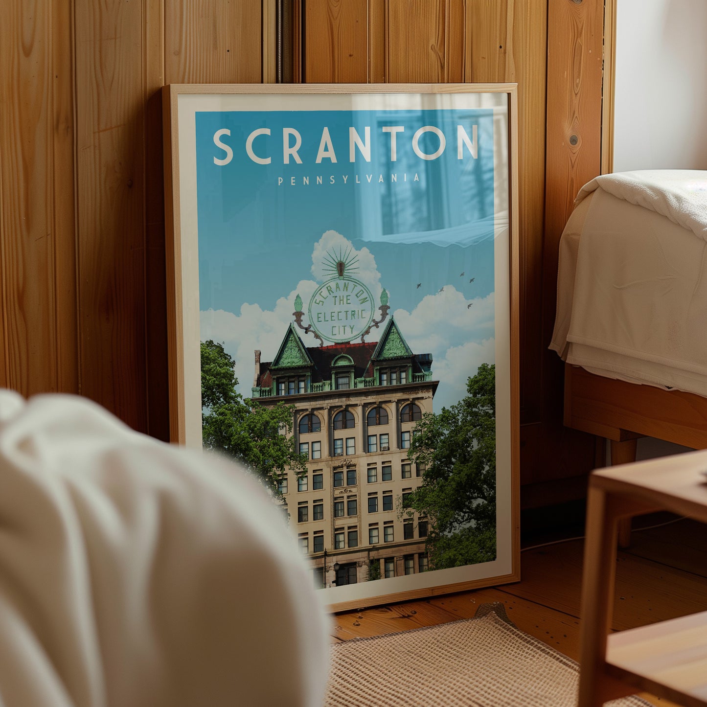 A framed poster of Scranton, Pennsylvania, featuring a building with a green roof and the words "Scranton, Pennsylvania" prominently displayed.