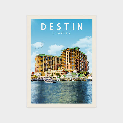 A poster of a large hotel complex with a body of water in the foreground, featuring a clear blue sky and a few birds in flight.