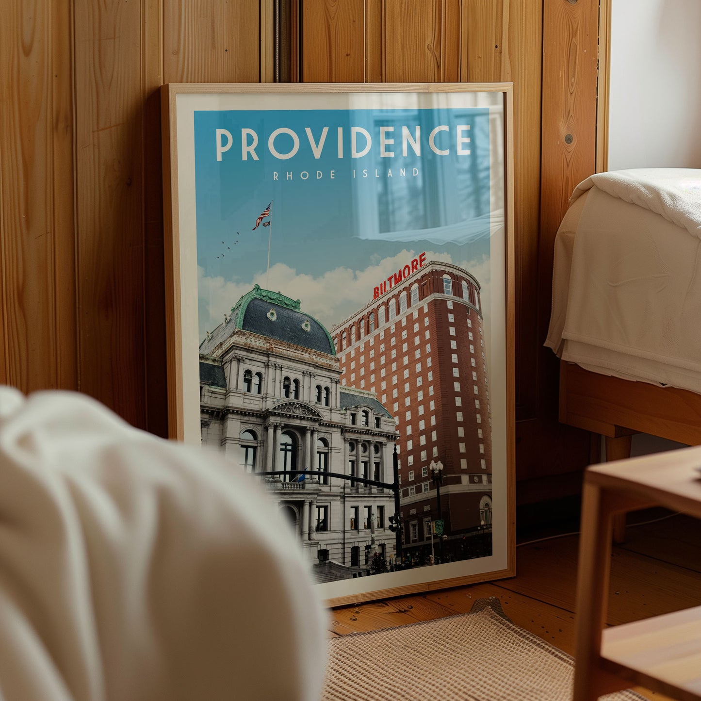 a framed poster of a building with the text "PROVIDENCE, RIO DE JANEIRO" on it, which is a city in Rhode Island.