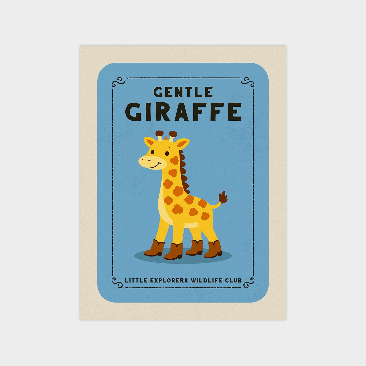 A blue card with a cartoon illustration of a giraffe, featuring the text "GENTLE GIRaffe" and "LITTLE EXPLORERS WILDLIFE CLUB" around the edges.