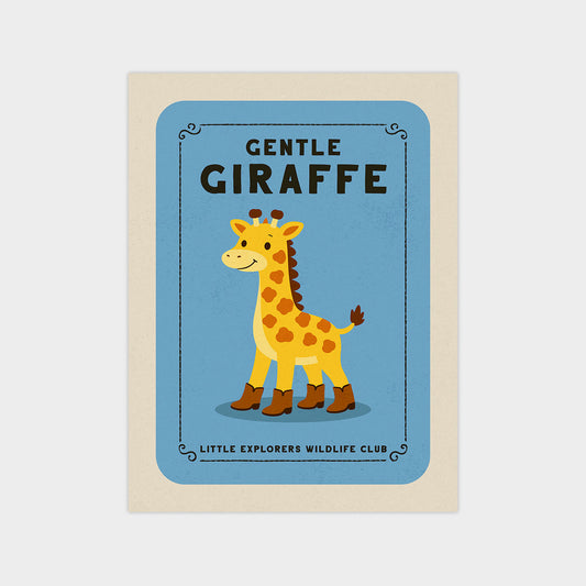 A blue card with a cartoon illustration of a giraffe, featuring the text "GENTLE GIRaffe" and "LITTLE EXPLORERS WILDLIFE CLUB" around the edges.