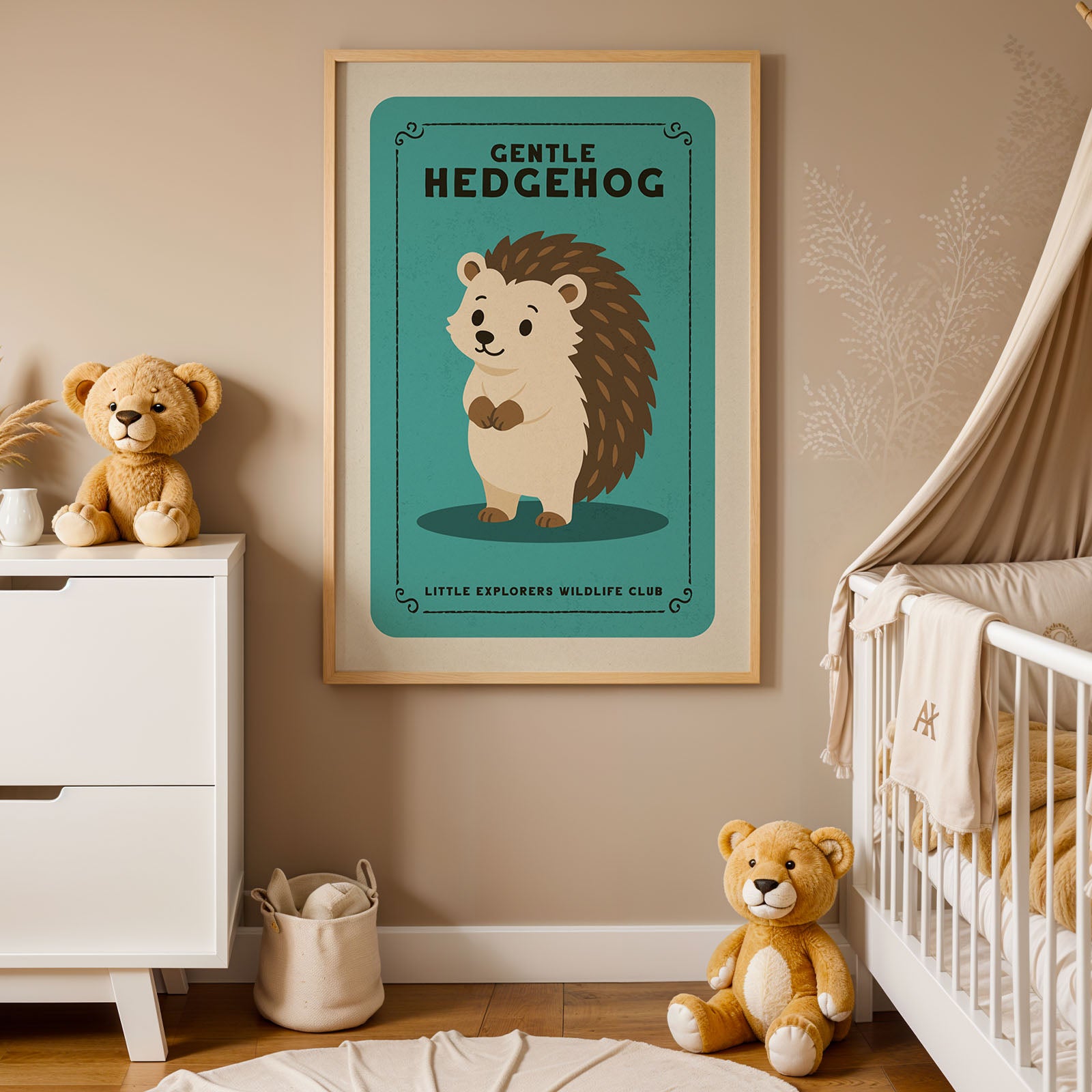 A framed poster of a hedgehog is displayed on the wall in a nursery, accompanied by two teddy bears and a crib.