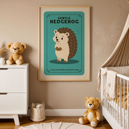 A framed poster of a hedgehog is displayed on the wall in a nursery, accompanied by two teddy bears and a crib.