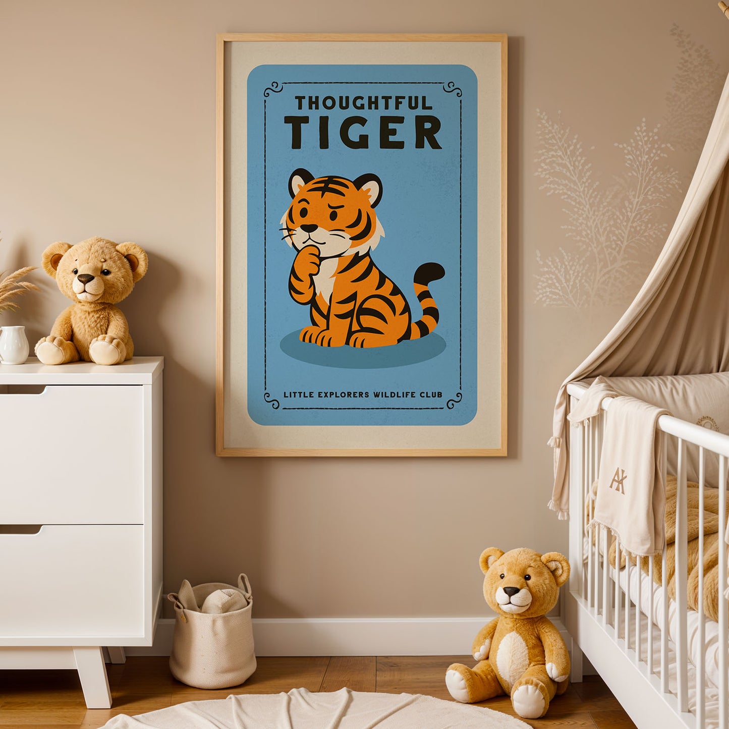 a nursery decorated with a framed poster of a cartoon tiger, a teddy bear, and a crib.