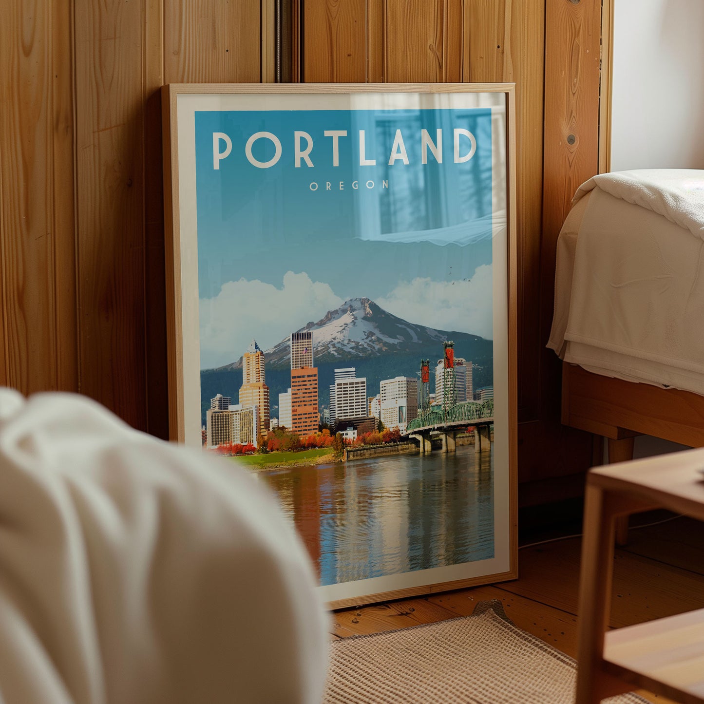A framed poster of the Portland skyline, featuring the city's iconic mountain and buildings, is displayed in a room with wooden walls.
