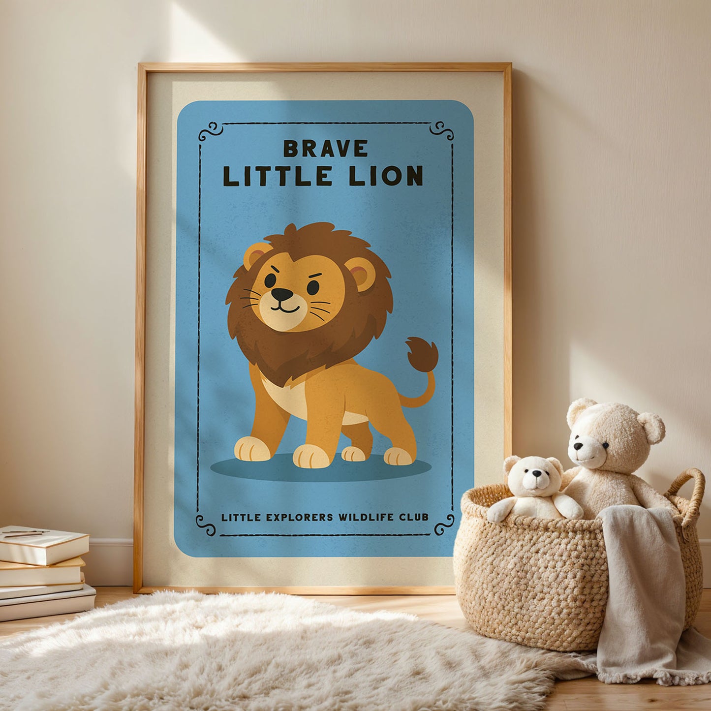 a framed poster of a lion, a stuffed bear, and a woven basket with a blanket, all placed on a rug.